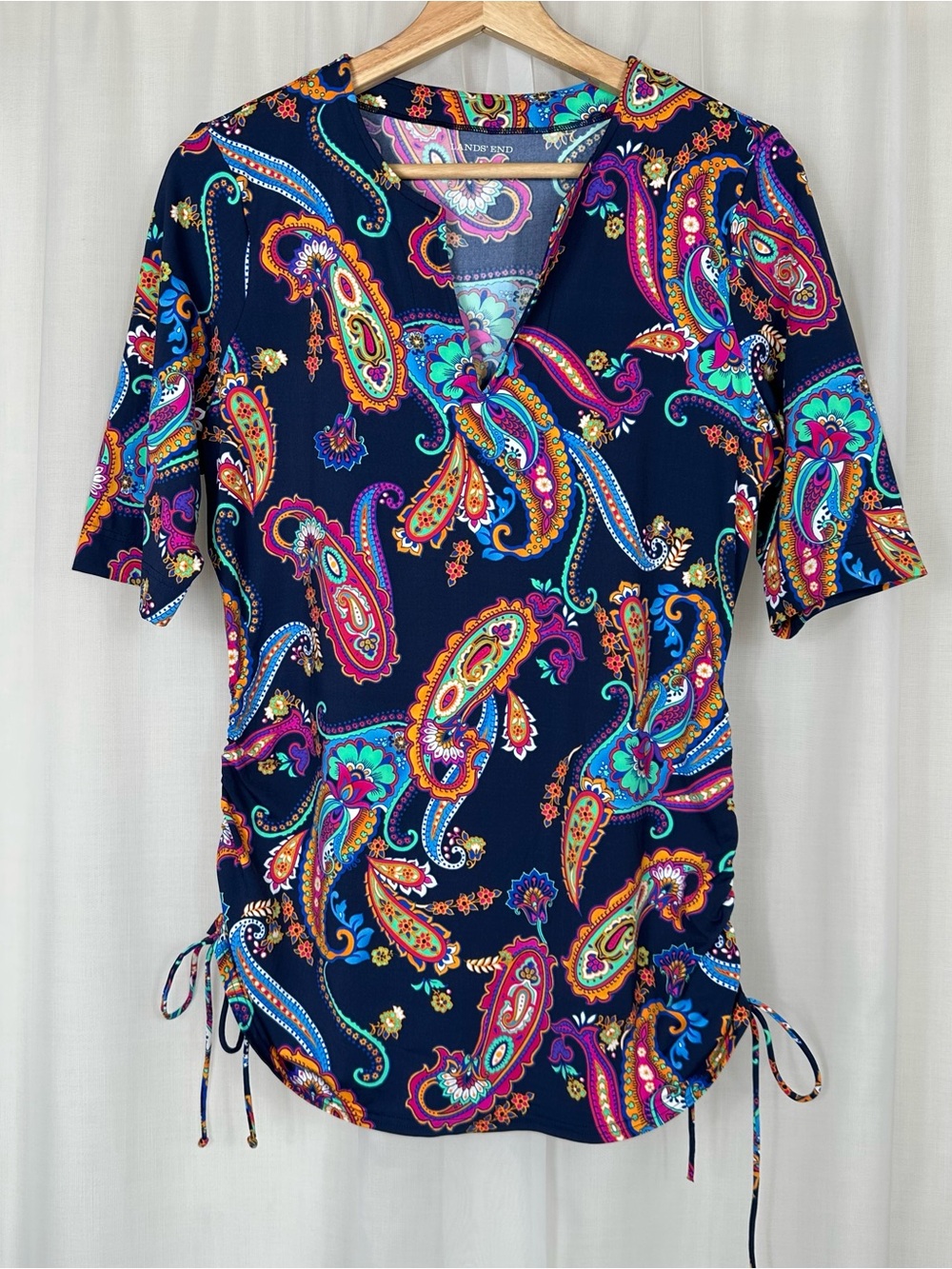 Lands End Blue Paisley Swim Cover Up Tunic Top Size S/6-8 Adjustable Side Ruched